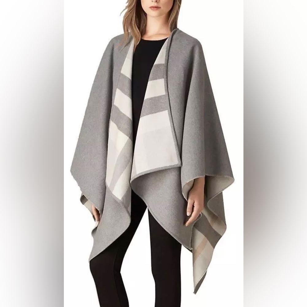 NEW BURBERRY GRAY "CHARLOTTE" REVERSIBLE CHECK PONCHO CAPE JACKET